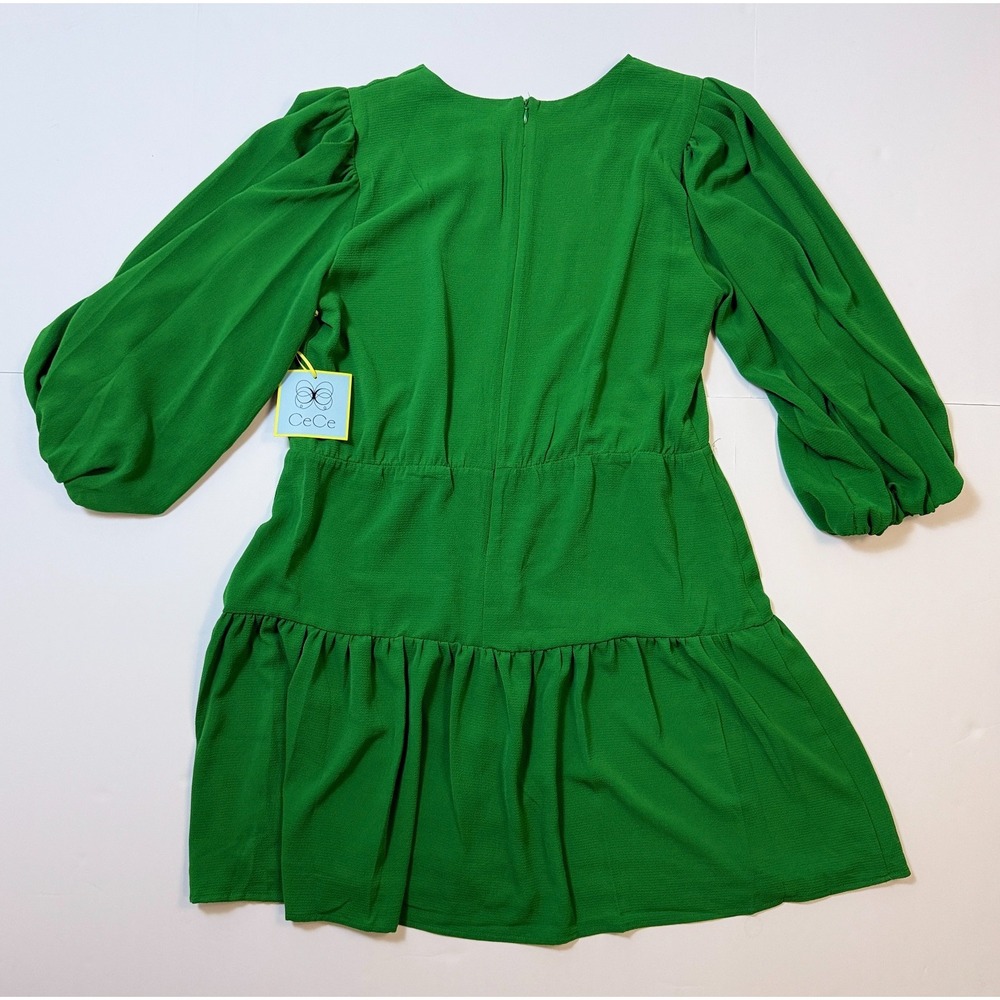 CeCe Green Puff‎ Sleeve Tiered Short Dress Size Large Lined Crepe Textured NWI - Picture 4 of 16
